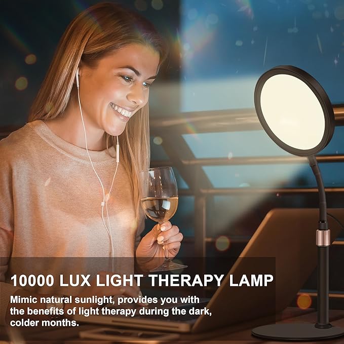 Light Therapy Lamp, UV-Free 10000 Lux Sun Therapy Light with 360° Gooseneck & 9 Brightness Happy Therapy Desk Lamp for Lift Mood (Black) - Bloomnest