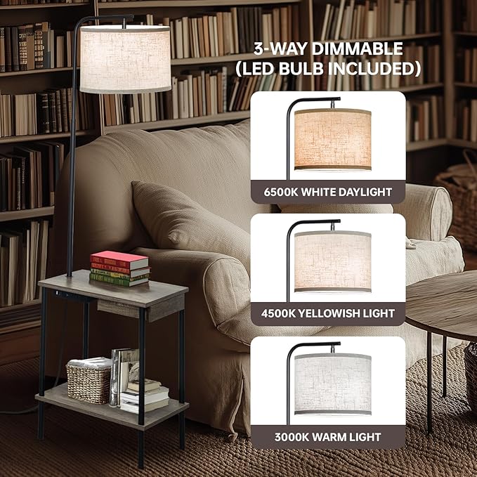 Floor Lamp with Table & Drawers, End Table Lamp with USB Charging Portt Power Outlet and Shelves, Side Table Reading Light with 3 Color Temperature Led Bulb Included for Living Room, Gray - Bloomnest