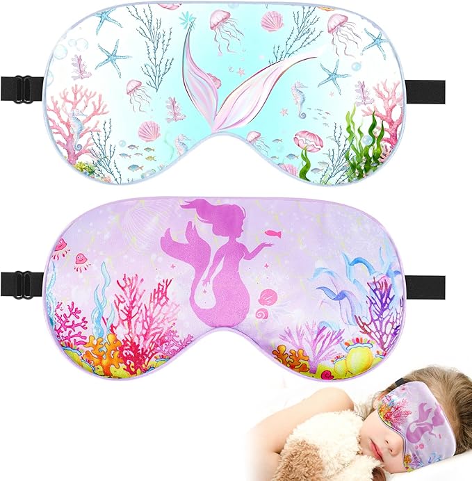2 Pcs Sleep Mask for Kids Girls, Silk Eye Covers for Sleeping, Adjustable Strap & Light Blocking Design, Children's Bedtime Blindfold for Travel and Home Use (Mermaid) - Bloomnest