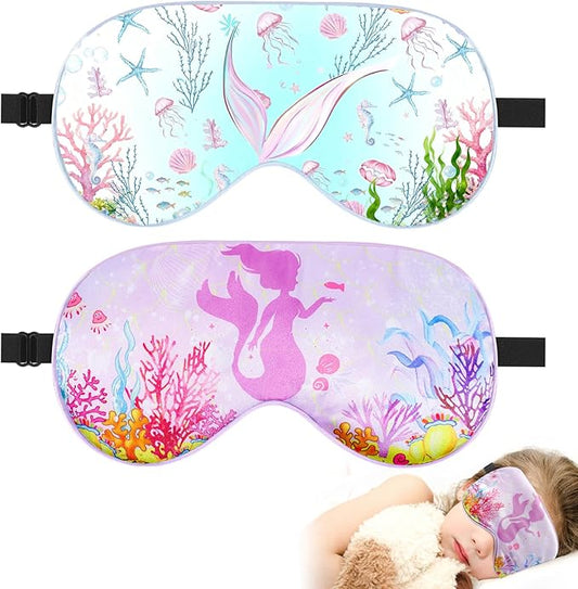 2 Pcs Sleep Mask for Kids Girls, Silk Eye Covers for Sleeping, Adjustable Strap & Light Blocking Design, Children's Bedtime Blindfold for Travel and Home Use (Mermaid) - Bloomnest