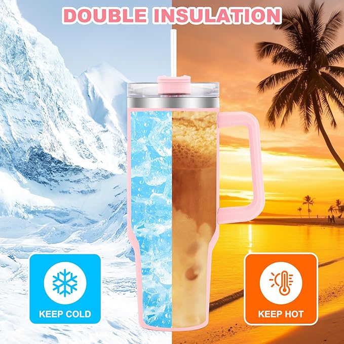 40 oz Tumbler with Handle and Flip Straw Lid, Vacuum Insulated Leak Proof Double Walled Stainless Steel Travel Mug Tumblers, Maintains Cold Ice and Heat for Hours(Pink) - Bloomnest