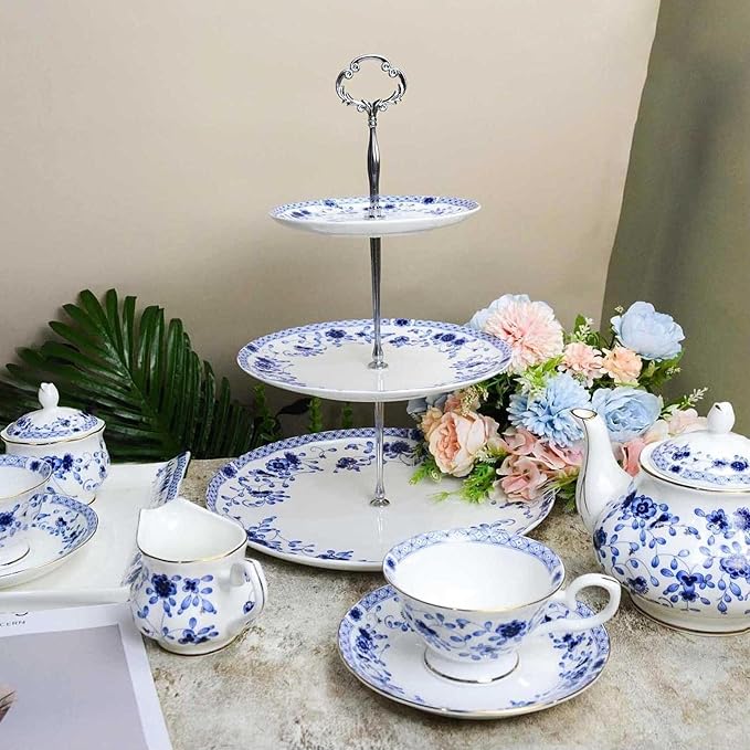 Bone China Tea Set for Adults, 13-Piece Blue and White Porcelain Tea Set for 4, Vintage Floral Tea Set With Teapot and Teaspoons, Tea Party Sets for Women Gift (Blue A) - Bloomnest