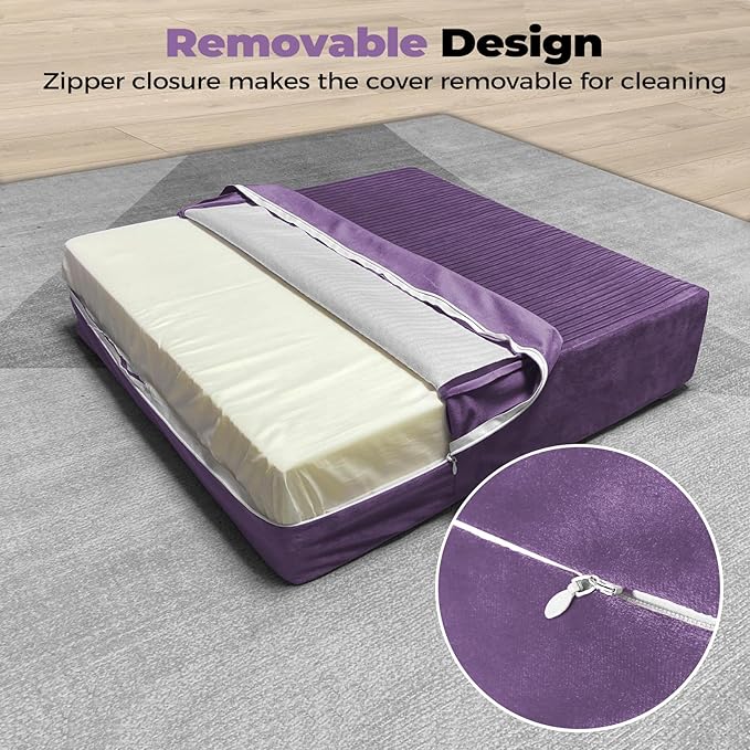 Large Floor Pillows for Adults, Thick Meditation Floor Cushions for Sitting Yoga, 22x22x5 Foam Seat Cushions Set of 2 for Furniture, Floor Pillow with Pleated Velvet Removable Cover, Lavender