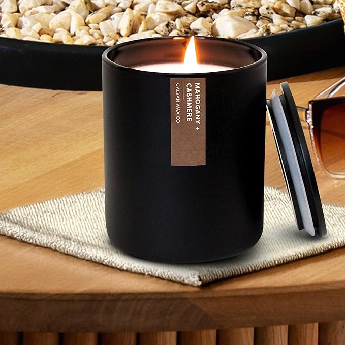 Calyan Wax Co. Mahogany & Cashmere Scented Candle - 75 Hour Burn - Luxury Non Toxic Soy Wax Candles - Long Lasting Black Tumbler Jar Candle for Home - 10.2oz - Bloomnest
