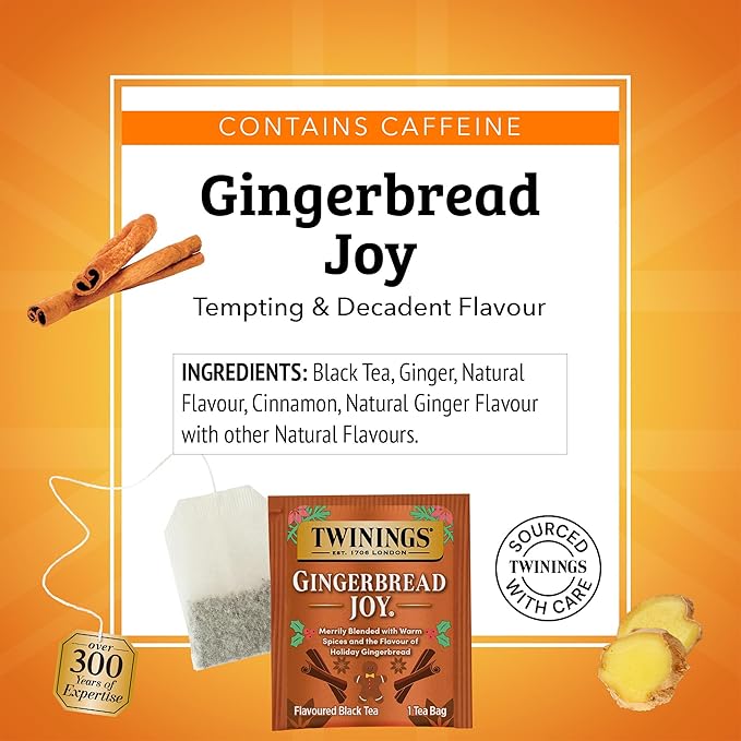 Twinings Gingerbread Joy Black Tea Individually Wrapped Bags, 20 Count (Pack of 1), Ginger & Cinnamon, Caffeinated, Enjoy Hot or Iced, 20 Teabags - Bloomnest