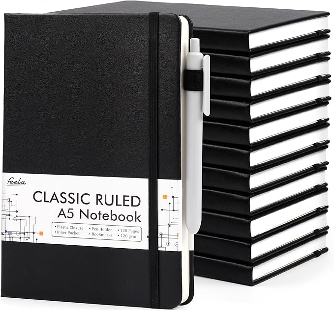 12 Pack Notebooks Journals Bulk with 12 Black Pens, Feela A5 Hardcover Notebook Classic Ruled Journal Set with Pen Holder for School Business Work Travel Writing, 120 GSM, 5.1”x8.3”, Black - Bloomnest