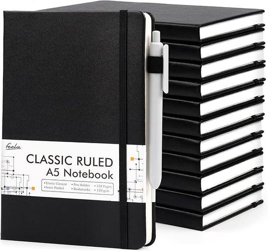 12 Pack Notebooks Journals Bulk with 12 Black Pens, Feela A5 Hardcover Notebook Classic Ruled Journal Set with Pen Holder for School Business Work Travel Writing, 120 GSM, 5.1”x8.3”, Black - Bloomnest