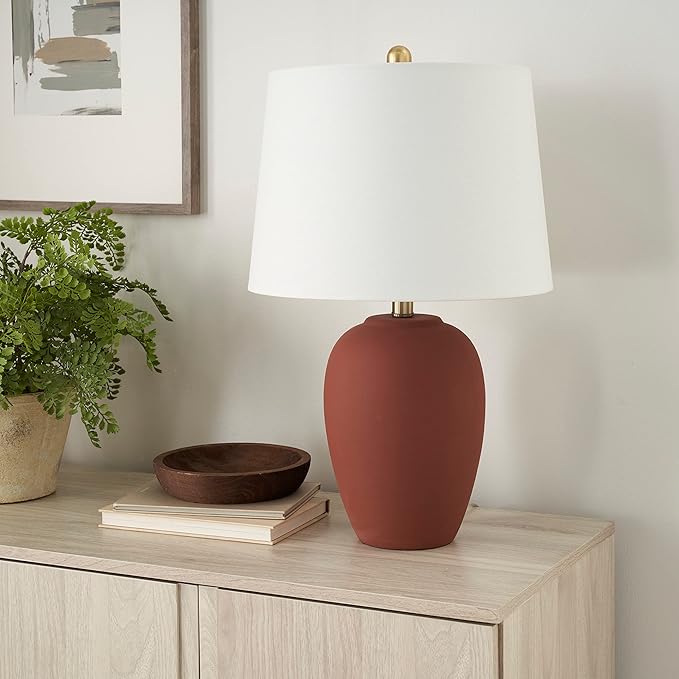 Nourison Home 23" Rust Orange Ceramic Pot Table Lamp for Bedroom, Living Room, Dining Office, with White Tapered Drum Shade - Bloomnest