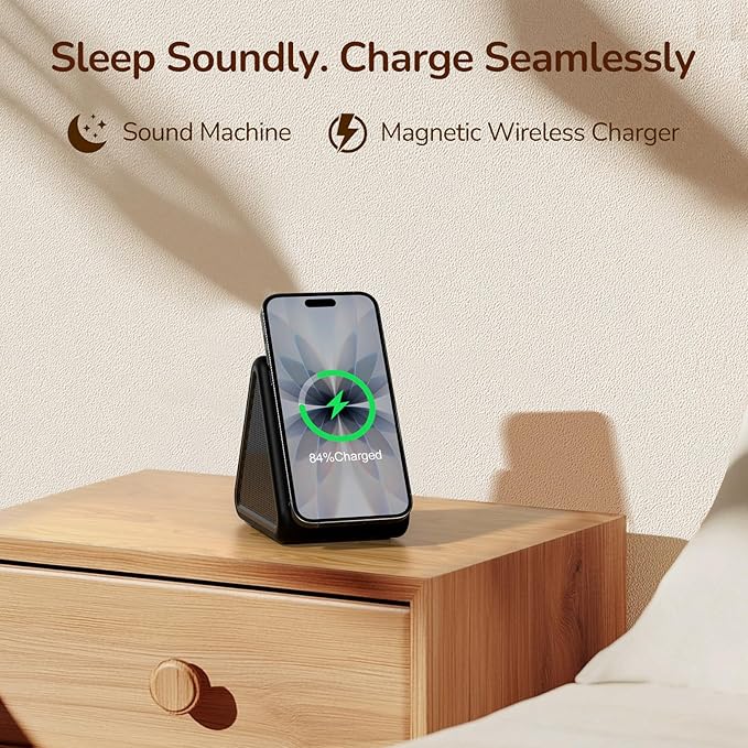 Housbay Sound Machine with Magnetic Wireless Charger for iPhone, 2-in-1 Design for Clutter-Free Nightstand, Dual-Speaker Stereo Sound for Sleeping - Black - Bloomnest
