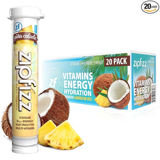 Zipfizz Daily Energy Drink Powder, Pina Colada, 20 Pack | 3-in-1 Sustained Energy, Rapid Hydration, and Essential Vitamins | Sugar-Free | Electrolyte Powder | Contains Vitamin B-12 & Antioxidants - Bloomnest