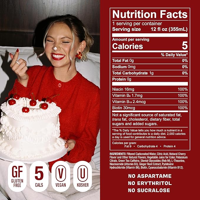GORGIE Jordyn Jones Cherry Lime, Sugar-Free Natural Energy Drink Sparkling, Healthy Energy Drinks - Green Tea, Biotin, B Vitamins -150mg Caffeine, Vegan, & Low Calorie (Pack of 12) - Bloomnest