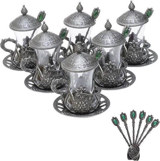 Alisveristime Handmade Turkish Tea Glass Set - Traditional Turkish Motifs, Set of 6 with Lids and Bonus Tea Spoons (Autentic Black)