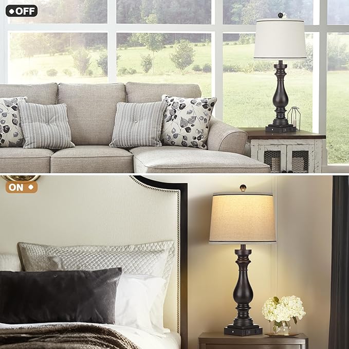 27.5" Farmhouse Table Lamp for Living Room,Vintage Bedside Nightstand Lamp with USB C+A Ports & AC Outlet,3-Way Dimmable Touch Control Retro Black Desk Lamp for Bedroom,Single Black - Bloomnest
