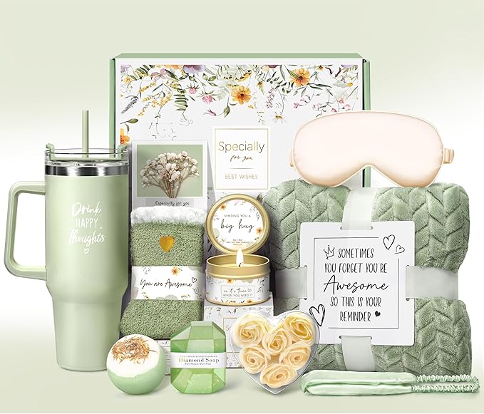 Birthday Gifts for Women Self Care Get Well Soon Gifts, Vanilla Relaxing Spa Gift Basket - Happy Birthday Set w/ Luxury Flannel Blanket & 40 oz Tumbler, Unique Christmas Gift for Mom Her Wife Sister - Bloomnest