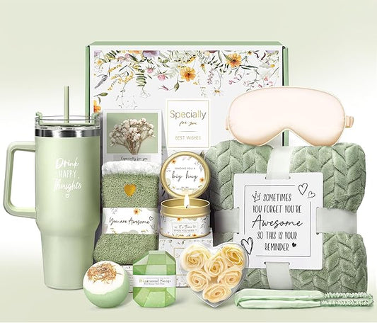 Birthday Gifts for Women Self Care Get Well Soon Gifts, Vanilla Relaxing Spa Gift Basket - Happy Birthday Set w/ Luxury Flannel Blanket & 40 oz Tumbler, Unique Christmas Gift for Mom Her Wife Sister