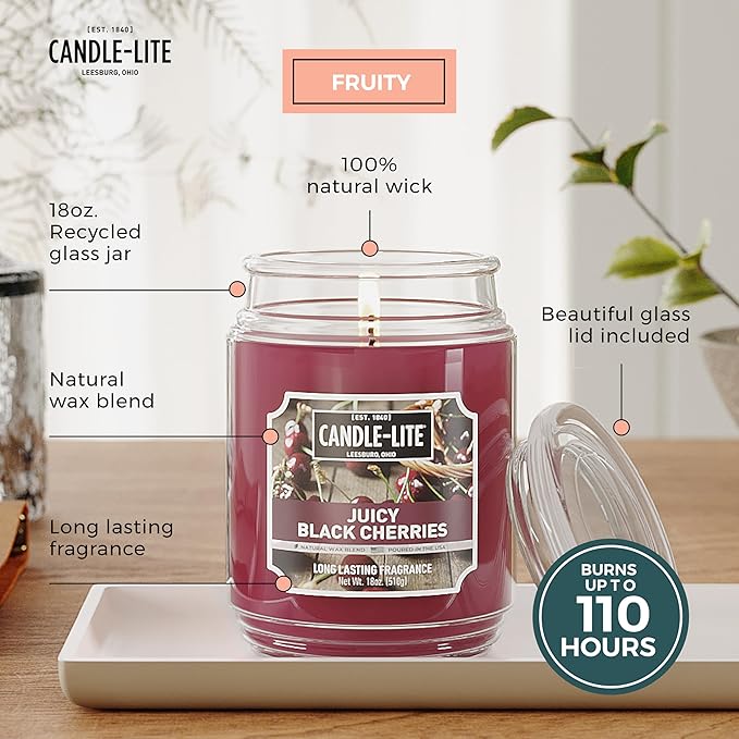 Candle-lite Scented Candles, Juicy Black Cherries, 18 oz Jar, Proudly Poured in The USA, Aromatherapy Candle, Single-Wick with 110 Hours of Burn Time, Perfect for Creating an Inviting Ambiance - Bloomnest