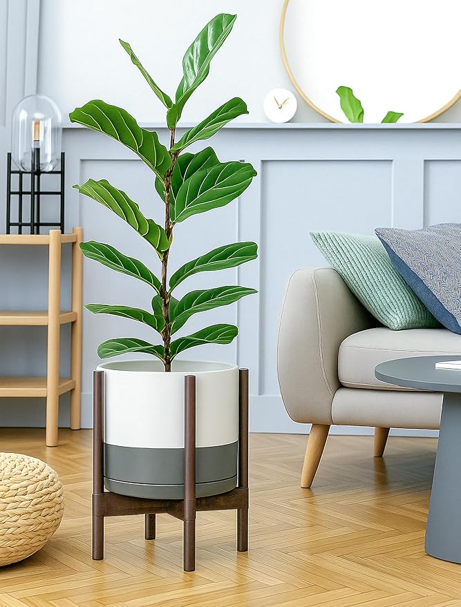 D'vine Dev Ceramic Planter with Walnut Color Stand - 12 Inch Modern Round Flower Pot with Wood Planter Holder, White/Grey, 55-B-W-6 - Bloomnest