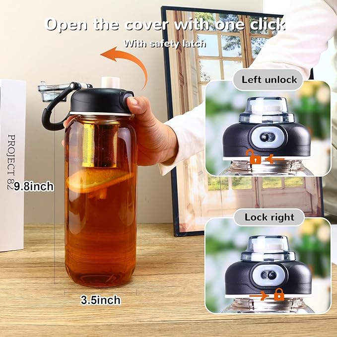 34oz Glass Water Bottle with capacity Mark & Stainless Steel Tea Strainer-Large Capacity for Hot/Cold Drinks,Coffee,Tea,and Water-Includes Protective Sleeve,Perfect for Home,Office (34oz2PCS) - Bloomnest