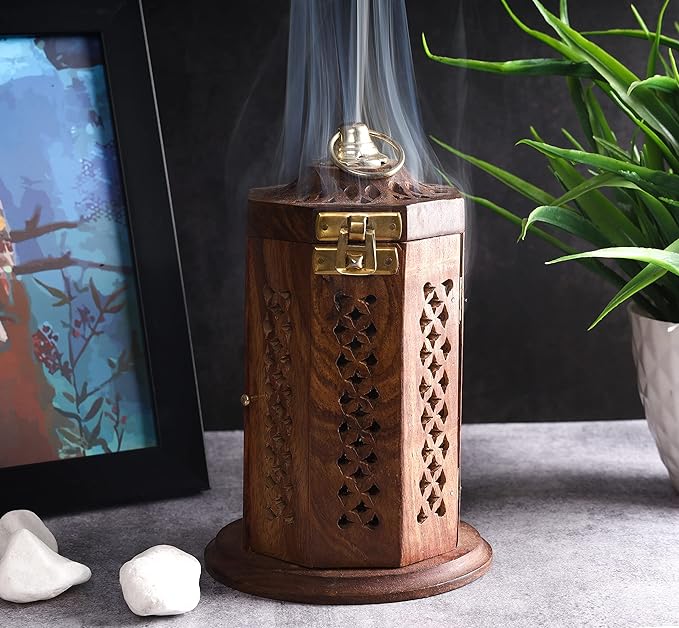 Bless-International Traditional-Handmade-Burner Wooden-Incense-Stick-Holder Ash-Catcher-Stand for-Aromatherapy-Meditation-Yoga (7 Inch Letter Box Wooden Charcoal/Cone) - Bloomnest