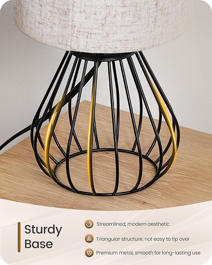 Small Bedside Table Lamp, Black Table Lamp with Metal Cage & Linen Lampshade, Modern Cute Desk Lamp, Cozy Nightstand Lamp for Bedroom, Living Room, Office, 2700K LED Bulb Included, E06TL05 - Bloomnest