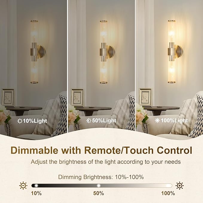 Sand Nickel Battery Operated Wall Sconces Set of Two, Rechargeable Wall Sconce with Dimmable Remote Control, 20 Inch Wireless Sconce Wall Light for Bedroom, Living Room (Bulbs Included) - Bloomnest