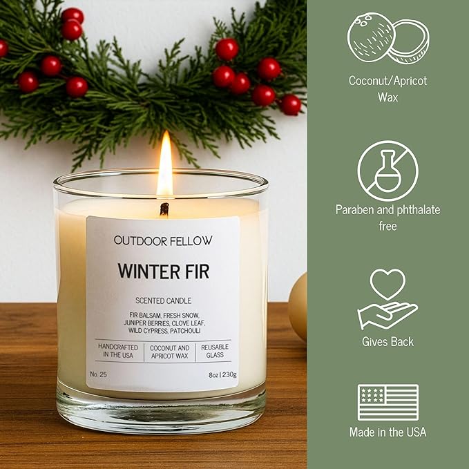 Outdoor Fellow Winter Fir Candle | Luxury Scented Candle with Coconut & Apricot Wax Blend | Fir, Juniper & Cypress Notes | 40+ Hour Burn Time | Cozy Fragrance for Home (8oz) - Bloomnest