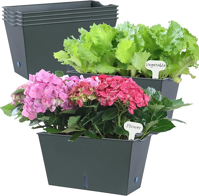 Window Box Planter 6 Pcs, 12.6 Inches Self Watering Rectangle Flower Plant Pots with Drainage Holes & Breathable Trays, Vegetable Planters for Windowsill Patio Garden Balcony Porch Yard (Dark Green) - Bloomnest