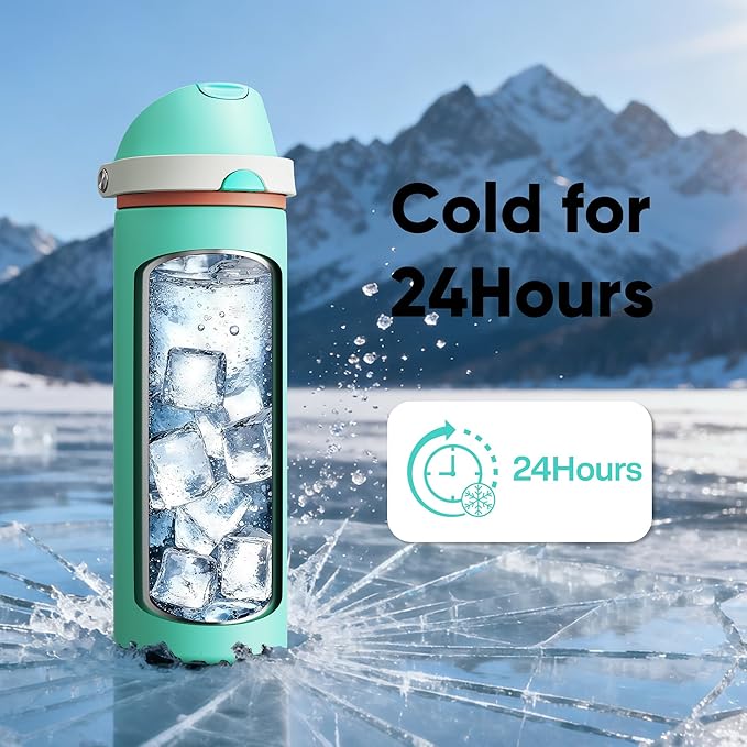 Insulated Water Bottle with Straw - Encool Stainless Steel Water Bottle with Push Button Lid, Leak-Proof & BPA-Free, Keeps Cold for 24 Hours for Sports, Travel, Gym (24 oz, Turquoise) ENCOOL