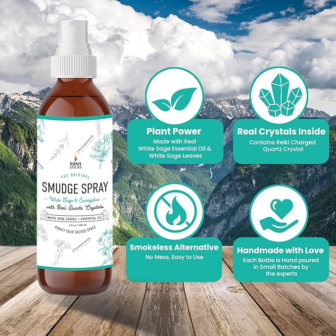 SOUL STICKS White Sage & Eucalyptus Smudge Spray – 3.5oz Smokeless Energy Mist with Quartz Crystals – Essential Oil Spray for Focus, Clarity, Aura Cleansing, Meditation, and Home Refreshing SoulSticks