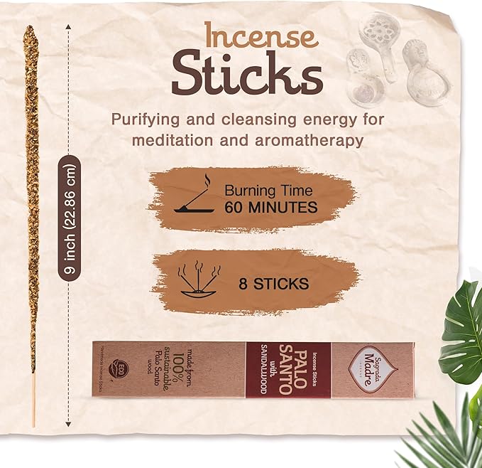 Sagrada Madre 8pcs Wildly Harvested Thick Palo Santo Incense Sticks (Sandalwood), 9” Long - Eco Friendly, Non-Toxic, Aromatic Incense Sticks (1hr Burning Time) to Heal & Calm Your Body and Environment SagradaMadre