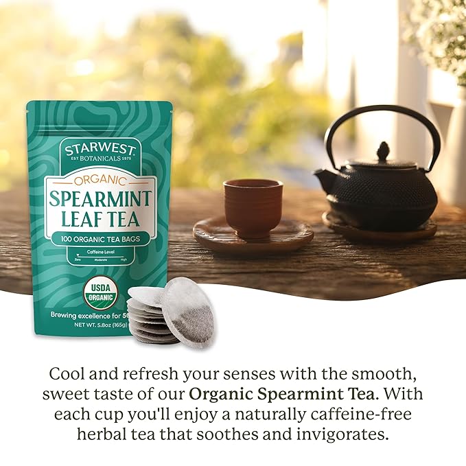 Starwest Botanicals Organic Spearmint Leaf Tea - Caffeine Free Herbal Tea, Promotes Calm, USDA Organic Spearmint Leaf, String Free Sachets, Non GMO - Bulk Pack, 100 Tea Bags - Bloomnest
