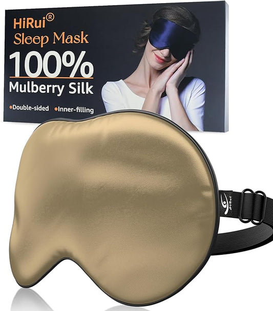 HiRui Silk Sleep Mask, 100% Natural Mulberry Silk of Double-Sided & Inner-Filling, Ultra-Smooth Soft, Adjustable Strap, Blocks Light for Night Sleeping, Travel, Office Naps (Khaki) - Bloomnest