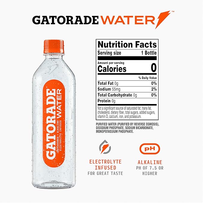 Gatorade Water, Unflavored, Electrolyte infused for great taste, Alkaline PH 7.5 or higher, 20 Fl Oz (Pack of 12) - Bloomnest