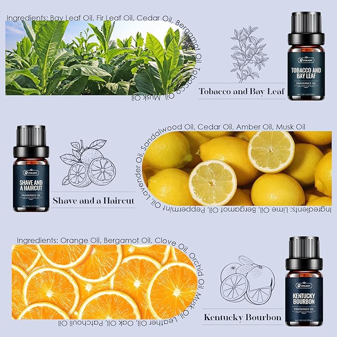 Men Essential Oils Set - TOP 6 Gentlemen's Fragrance Oil for Diffuser, Candle & Soap Making - Tobacco and Bay Leaf, Kentucky Bourbon, Galactic Skies, Scotch Whisky, Birchwood Oud - Bloomnest