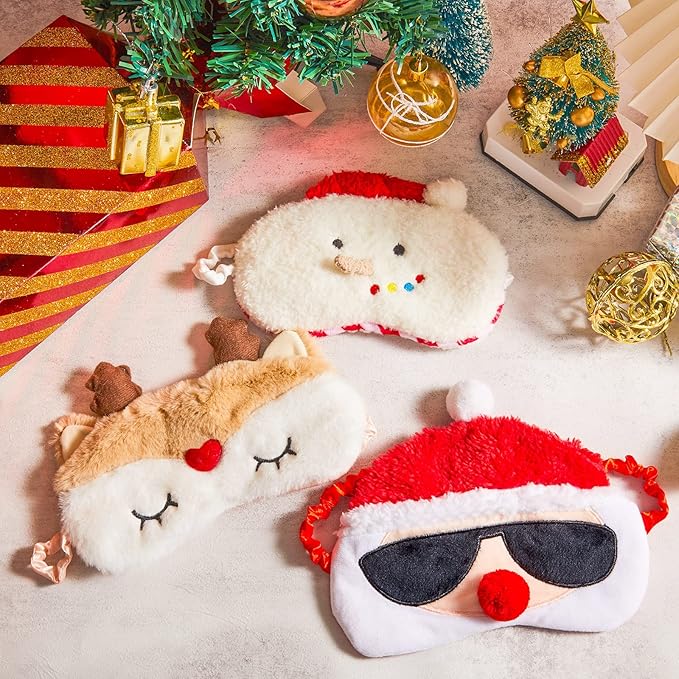 3 Pieces Christmas Eye Masks for Boys and Girls Sleeping Mask for Kids Sleep for Christmas, Santa Snowman Reindeer Cute Soft Plush Blindfold Gifts for Children Family Party Present - Bloomnest