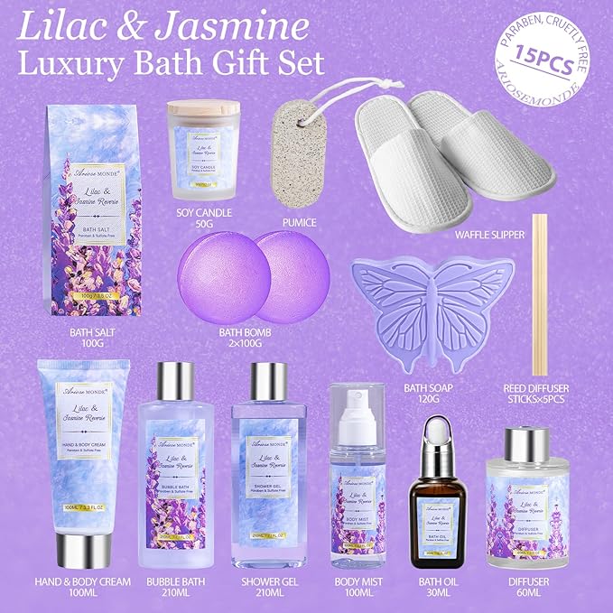 Gift baskets for women, 15Pcs Lilac Women Bath Gift Baskets w/Body Mist, Diffuser, Bath Bomb. Unique Relaxing Spa Gift Basket Set, Mothers Day Gifts for Mom Wife Grandma Daughter Friends Sister - Bloomnest