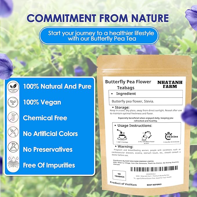 Nhat Anh Farm - Premium Butterfly Pea Tea Bags - Dried Butterfly Pea Flower Tea Bags - 40 Teabags, 2.5g/bag), 100% Natural & Pure/Sugar/Caffeine/Gluten Free. Good For Your Health - Bloomnest
