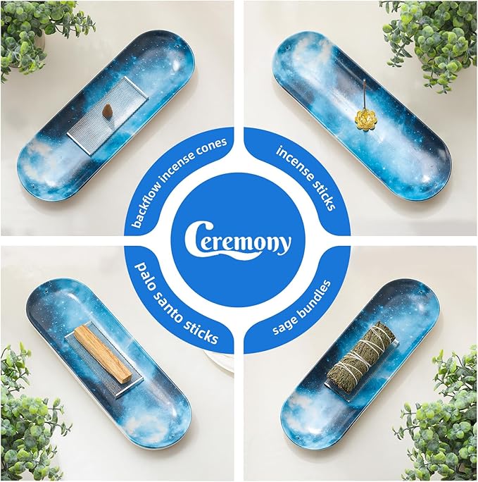 CEREMONY Incense Holder for Sticks, Ceramic Incense Burner with 60 Incense Sticks for Sage Palo Santo, Heat-Resistant Insence-Stick Holder for Backflow Incense Cones Meditation Yoga Spa Room Decor