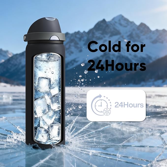 ENCOOL Insulated Water Bottle with Straw Stainless Steel Water Bottle with Push Button Lid, Leak-Proof & BPA-Free, Keeps Cold for 24 Hours for Sports, Travel, Gym (32 oz, Tuna Grey-Silver) ENCOOL