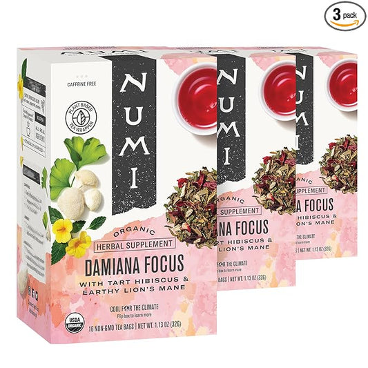 Numi Organic Damiana Focus Herbal Tea – 48 Herbal Tea Bags – Caffeine Free Blend with Damiana Ginkgo Lion’s Mane Hibiscus Mint & Licorice for Mental Clarity & Natural Energy - Bloomnest
