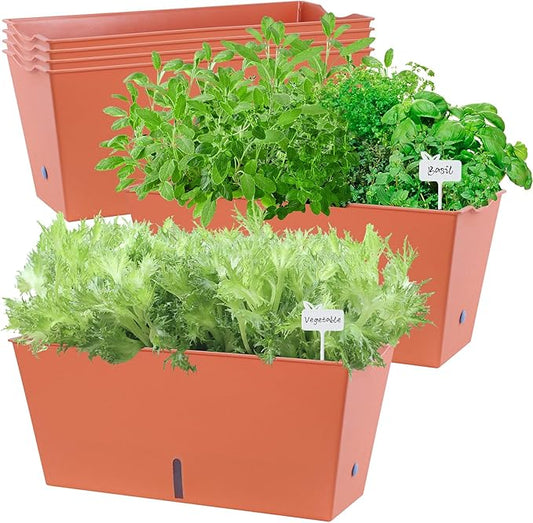 Window Box Planter 6 Pcs, 16.5 Inches Self Watering Rectangle Flower Plant Pots with Drainage Holes Trays, Vegetable Planters for Windowsill Patio Garden Balcony Porch Yard (Orange) - Bloomnest