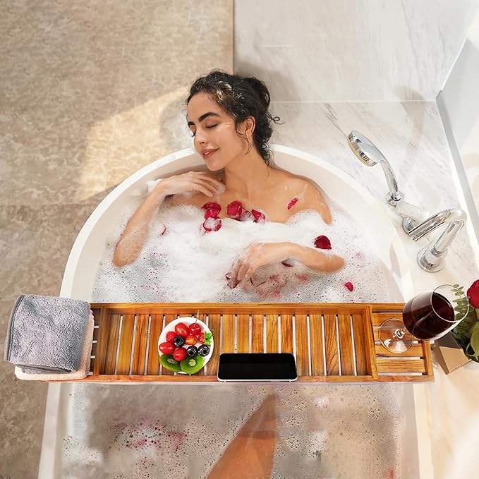 VaeFae Teak Bathtub Tray, Wooden Bath Caddy for Bathtub, Bath Tub Wood Table for Tub - Bloomnest