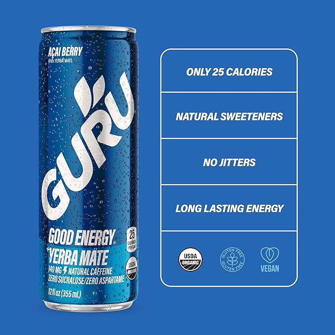 GURU Yerba Mate Organic Energy Drinks, Clean Energy Drink with Plant Based Natural Caffeine from Green Tea, Low Calorie, Gluten Free, 140mg Caffeine, Healthy Drinks, Acai Berry, 12oz (Pack of 12) - Bloomnest