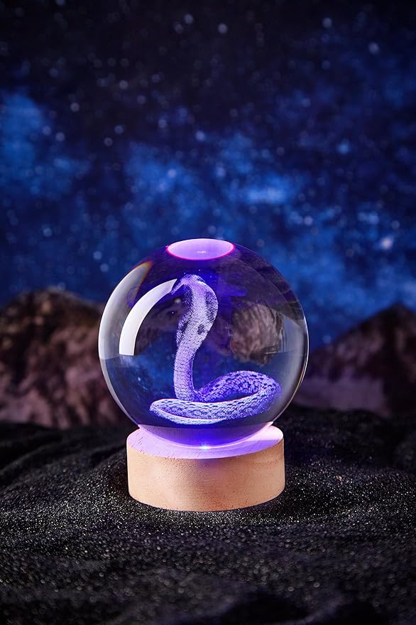 3D Large Snake Crystal Ball Night Light with Wooden Base, Cobra Crystal Lamp Gift for Kids Wife Friends, 16 Color Changing with Remote Control, Laser Engraved 3.15 inch Glass Ball Lamp (Snake) - Bloomnest