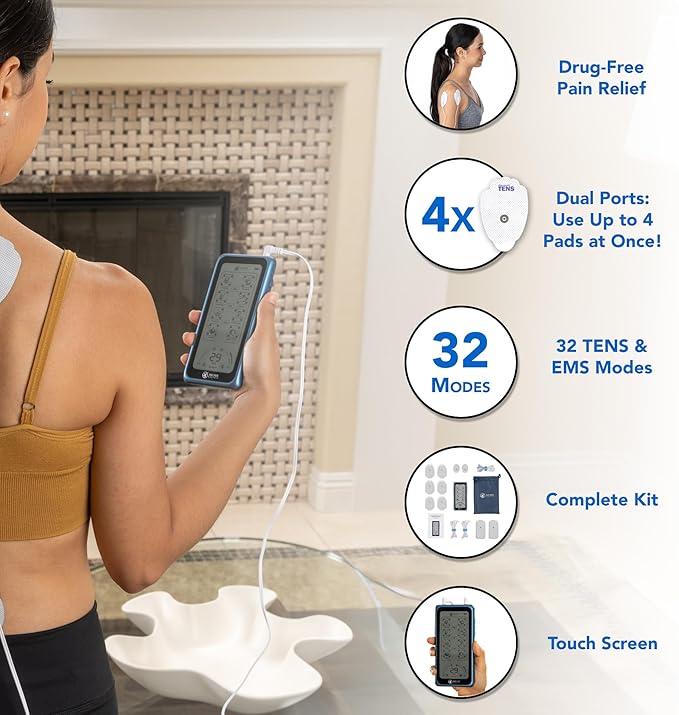 Dual Stim Touch TENS/EMS Unit – Rechargeable Touchscreen Muscle Stimulator with Dual Output Ports and 32 Massage & Stimulation Modes – Durable, Portable, Professional Quality Device
