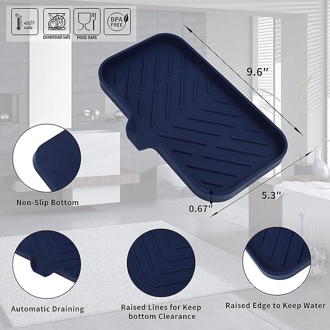 Silicone Bathroom Soap Dishes with Drain Spout-Kitchen Sink Organizer,Sponge Holder,Dish Soap Tray,Perfect for Dispenser,Scrubber,Bottle,Cup on Sink or Counter-Navy Blue 9.6"×5.3" - Bloomnest
