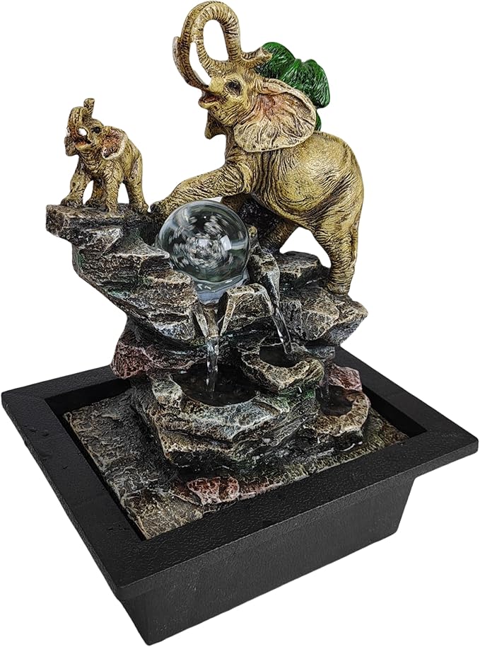 Decorative Elephant Cascade Tabletop Fountain with LED Globe, 3-Tier Design, A Quiet and Soothing Indoor Desktop Fountain - Bloomnest