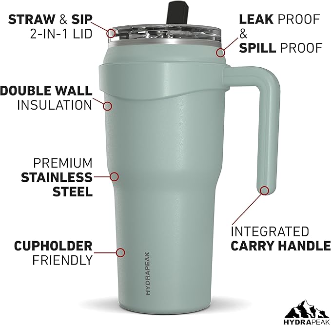 Hydrapeak Roadster 40oz Stainless Steel Tumbler Double Wall Vacuum Insulated Water Bottle With Handle And 2 in 1 Straw Lid (Pale Sage) - Bloomnest