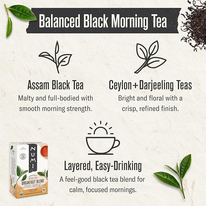 Numi Organic Tea Breakfast Blend, 18 Count Box of Tea Bags, Black Tea (Packaging May Vary) - Bloomnest
