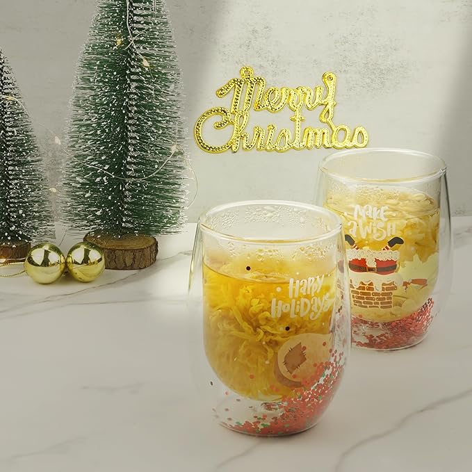 Christmas Mugs, 8 oz Double Wall Insulated Glass Coffee Mugs Set of 4, Cute Funny Mugs Coffee Cups for Cappuccino, Latte, Americano, Tea, Wine and Beverage - Bloomnest